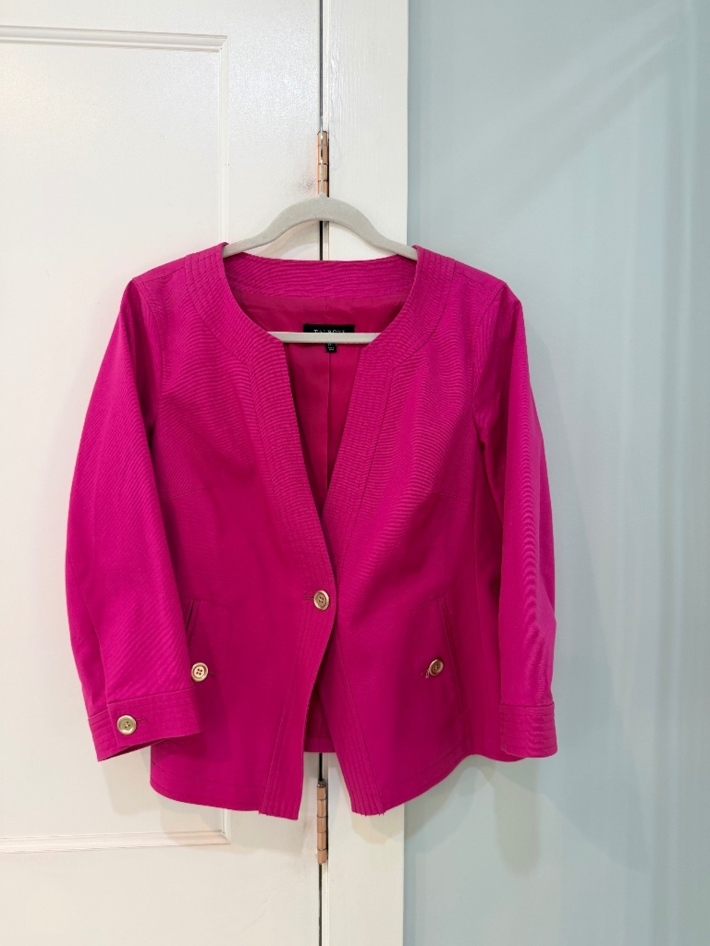 Talbots Petites Fuchsia Pink Collarless One-Button Jacket 14P